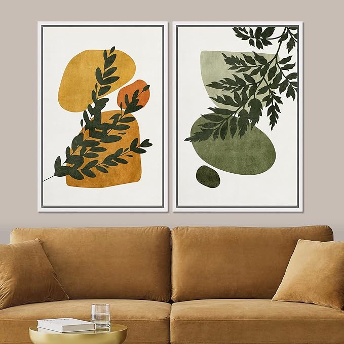 SIGNFORD Framed Canvas Print Wall Art Set Mid-Century Forest Fern Leaf Collage Abstract Shapes Illustration Modern Art Decorative Nordic Nature for Living Room, Bedroom, Office - 24"x36"x2 White