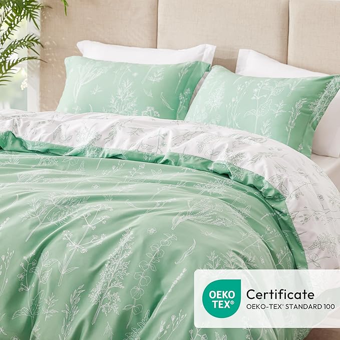 Love's cabin Sage Green Comforter Set Queen - Queen Size Comforter Set, 3 Pieces Cute Floral Bedding Sets for All Seasons,1 Soft Reversible Botanical Flowers Comforter and 2 Pillow Shams