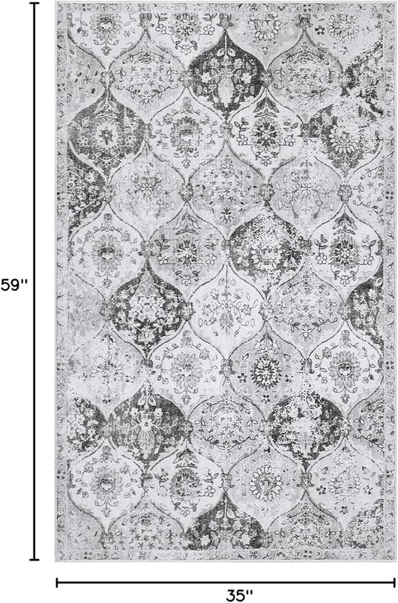 Lahome Moroccan Trellis Washable Small Area Rug, 3x5 Area Rug for Bedroom Living Room, Non-Slip Oriental Accent Throw Carpet for Kitchen Office Entryway Bathroom Office, Silver/Grey