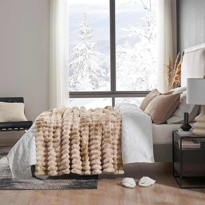 Cozy Bliss Faux Fur Throw Blanket for Couch, Cozy Warm Plush Striped Blanket for Sofa Bedroom Living Room, 60 * 80 Inches Tie-dye Kahki