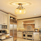 WUZUPS Chandelier Rustic Farmhouse Industrial Round Semi-flushmount Ceiling LED Light Fixture with Clear Glass Shades for Bathroom Kitchen Foyer Entryway, H 11.8" x W 13.4", E26 Base, Brushed Nickel