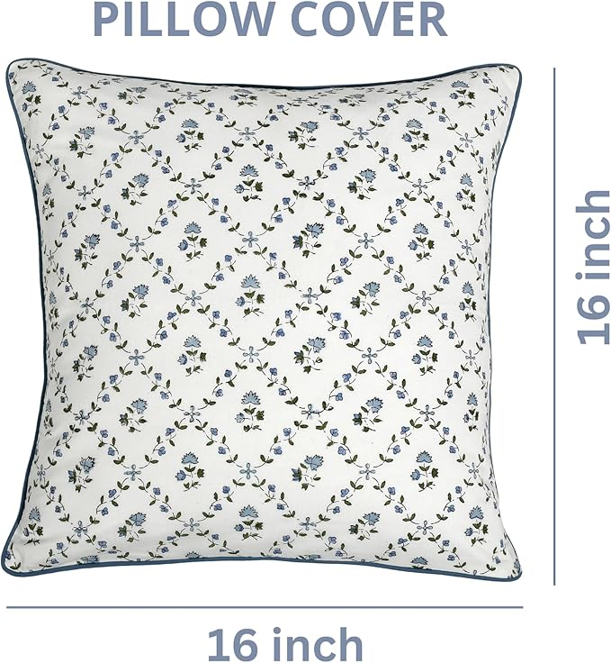 Ridhi Powder Blue Print Cotton Throw Pillow Covers for Decorative Couch Pillows for Living Room, Chic Boho Cute Outdoor Thanksgiving Ruffel Pillows Covers Gifts 16x16 Inches
