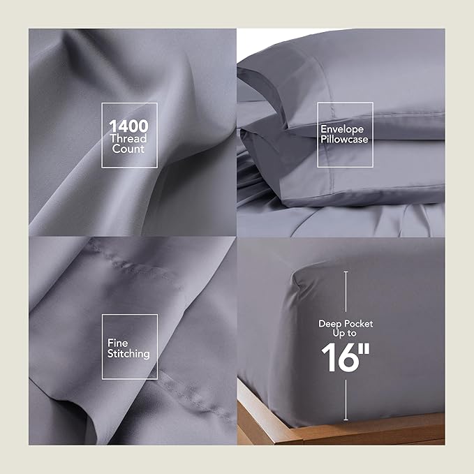 Epitex Solid 4 Piece King Sheet Set - Viscose Derived from Bamboo, 1400 Thread Count, Breathable and Cooling Bed Sheets Set, Luxurious Bedding for Hot Sleeper, Deep Pocket up to 16'', Light Grey