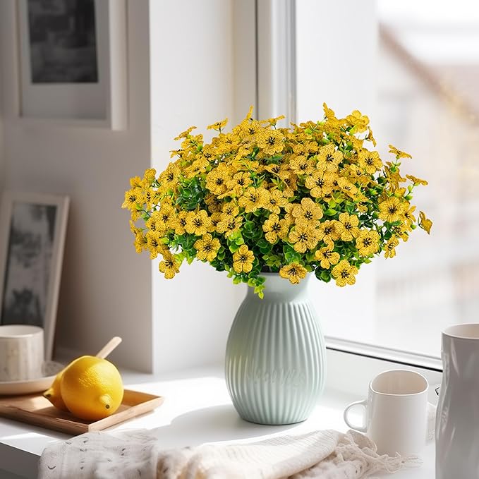 10 Bundles Artificial Faux Flowers for Outdoor,10Pcs Fake Flowers for Home Decor,Plastic Flowers Shrubs Lifelike Artificial Greenery Home Porch Stems Outside Decor(Yellow