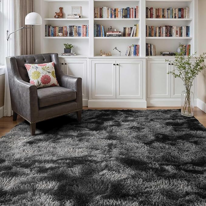 4x6 Ft Shag Rugs for Bedroom Living Room, Tie-Dyed Ultra Soft Fluffy Furry Area Rugs for Indoor Floor, Aesthetic Carpet for Kids Home Decor (Dark Grey)