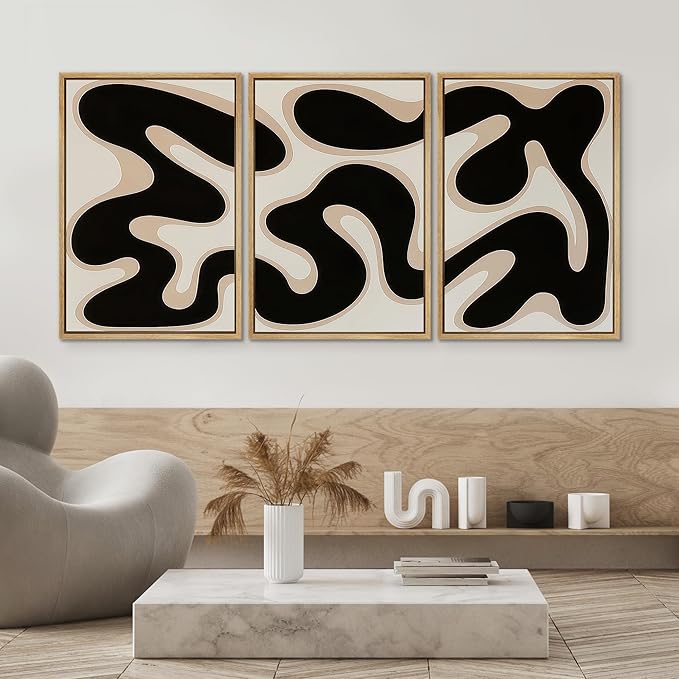 SIGNWIN Framed Canvas Print Wall Art Modern Abstract Organic Shapes Black and Beige Fluid Pattern Photography Modern Art Minimalist for Living Room, Bedroom, Office - 24"x36"x3 Natural
