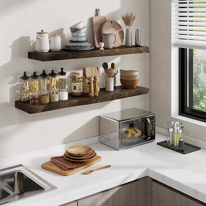 Floating Shelves, 8" Deep Rustic Solid Wood Wall Mounted Floating Shelves, Wall Shelves with Invisible Bracket for Living Room Bathroom Bedroom Kitchen, 72 Inch, Walnut