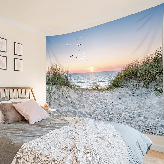HVEST Ocean Beach Tapestry Wall Hanging, Sunset Seabird and Beach with Grass Wall Tapestry Natural Landscape Tapestries for Bedroom Living Room Dorm Decoration, 60x40 Inches