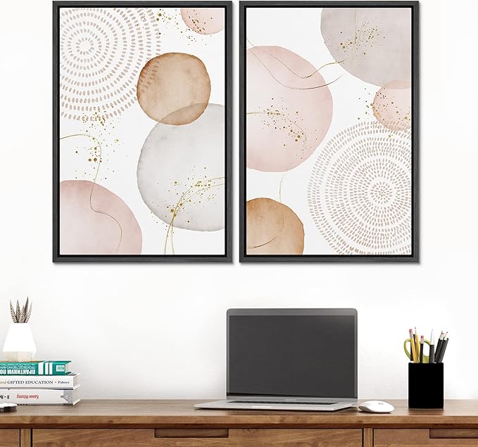 SIGNFORD Framed Wall Art Print Set Pastel Pink Gray Watercolor Circles Abstract Shapes Illustrations Modern Minimalist Relax/Calm Multicolor for Living Room, Bedroom, Office - 16"x24"x2 Black