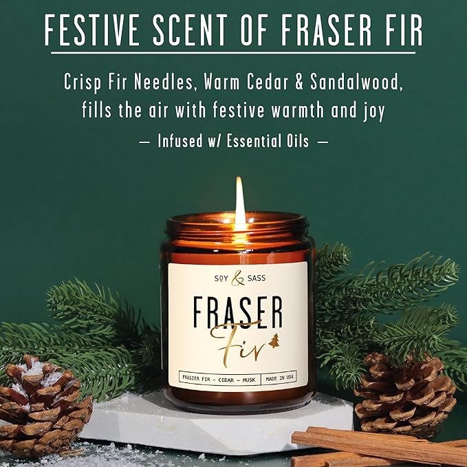 Fraser Fir Candles - Christmas Candles - 'Fraser Fir' w/Balsam Fir Cedar & Sandalwood Evergreen Tree Scent I Winter Evergreen Candle I Stocking Stuffers for Women I 9oz, 50Hr, USA Made