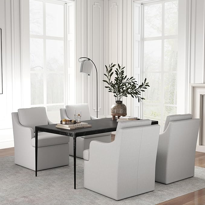 VKNOW Upholstered Dining Chairs Set of 4, Modern Kitchen Chairs Dinner Chairs with 4 Casters, Linen Armchair for Bedroom Reading Room Living Room, Light Grey