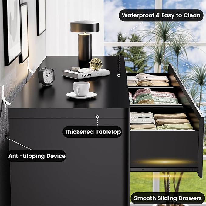 Black 9 Drawers Dressers for Bedroom, 57" Large Chest of Drawers with Handleless, Curved Profile, Modern Flute Dresser TV Stand, Wooden Closet Clothes Storage Organizer for Living Room