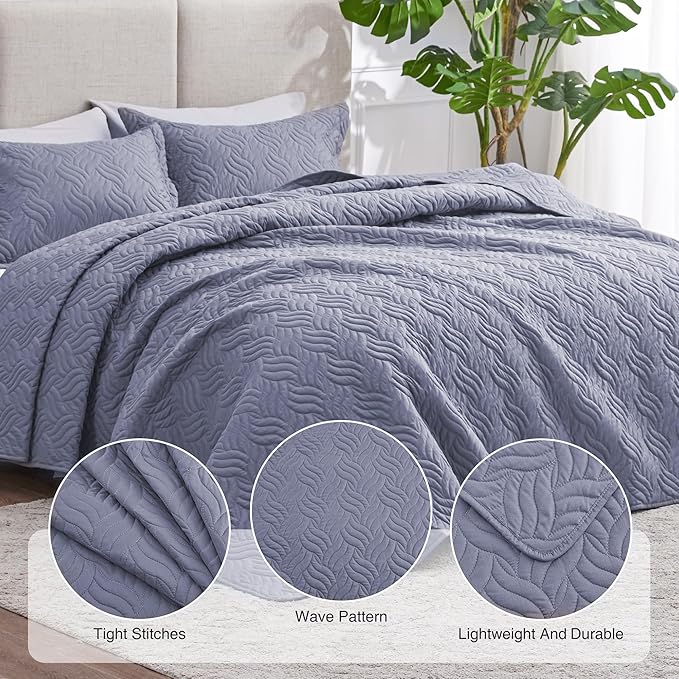 Love's cabin Twin Quilt Bedding Set Bluish Grey Bedspreads - Soft Bed Summer Lightweight Bedspread Comforter - Wave Pattern Bedding Coverlet for All Season - 2 Pieces (1 Quilt, 1 Pillow Sham)