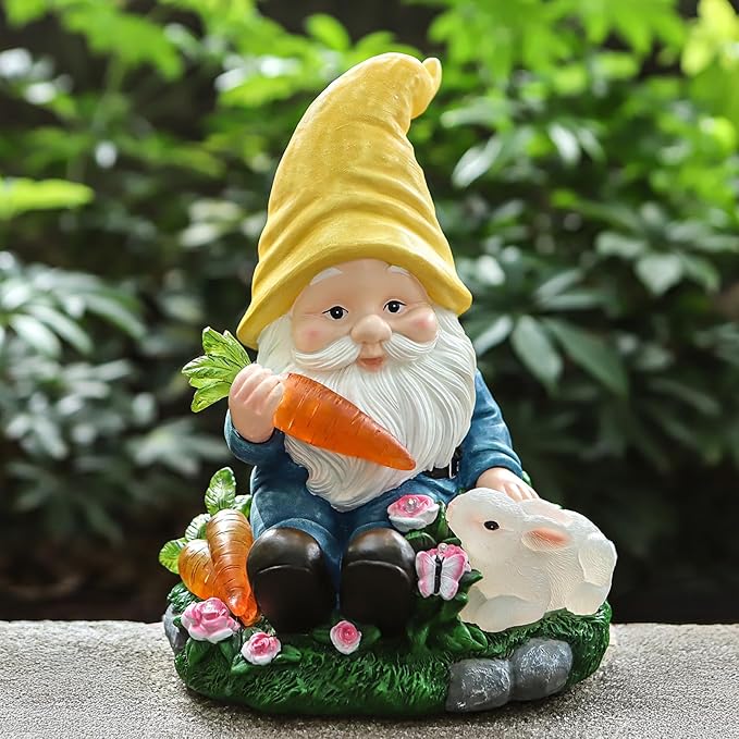 Solar Garden Outdoor Statues Gnome Feeding Rabbit with 6 LED Solar Figurine for Lawn,Patio,Balcony,Yard Decor Unique Housewarming Gift, for Grandfather, Father,Grandma