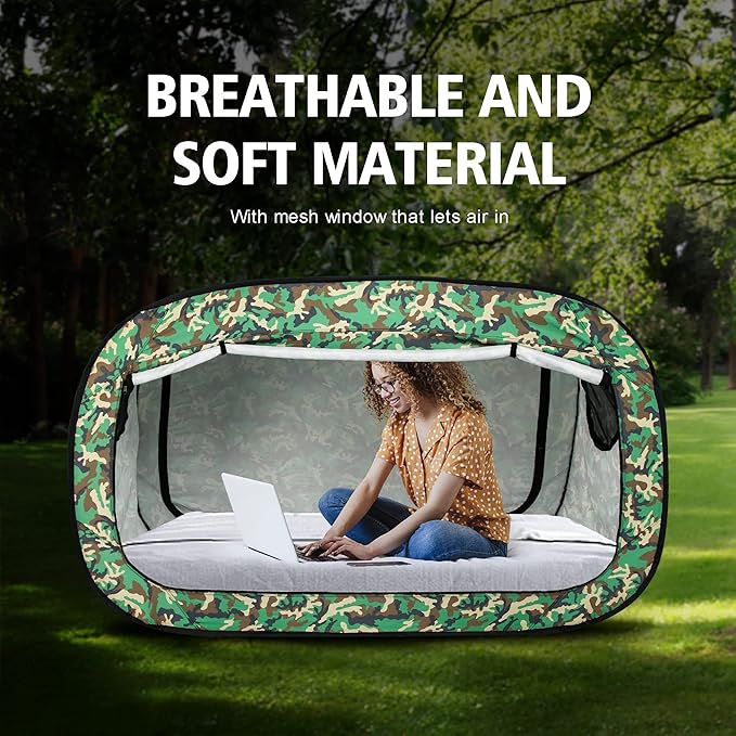Bed Tent Twin Bed Canopy Portable Dream Tent for Adult Indoor Sleeping Tents with 2 Doors Breathable Private Space Tents, Green Camouflage