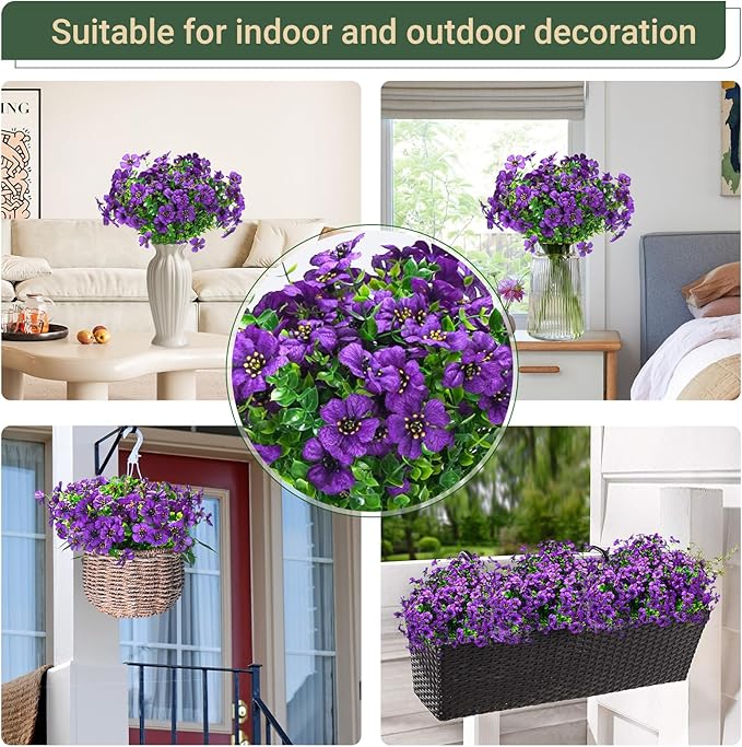 24 Bundles Artificial Flowers for Outdoors & Indoors – UV Resistant Faux Plastic Plants for Garden, Patio, Porch, Window Box, Home Decor – Lush & Vibrant Fake Flowers, Purple