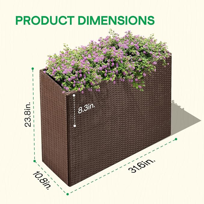 IDZO All Weather Wicker Planter Raised Garden Bed, 24 in Tall Round Rattan Flower Pots, Durable Self-Watering Indoor Outdoor Wicker Planters for Porch Patio Balcony