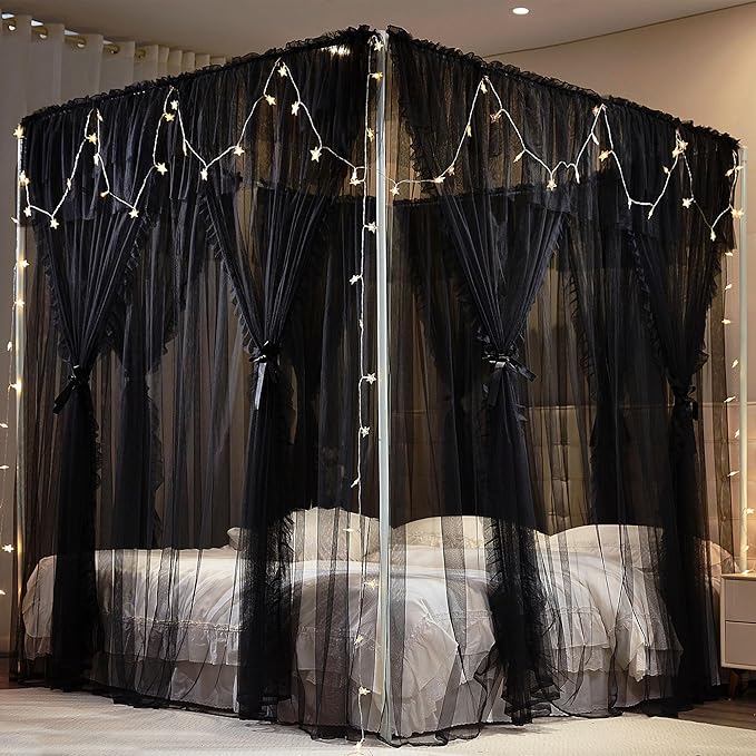 4 Corners Post Princess Curtains Bed Canopy for Girls 8 Panels Curtain- Double Layer Sheer Mesh Canopies Drapes Girls Room Decor (8P-Black/Black, 4P(43"x82") W+4P(43"x82") L/(King))