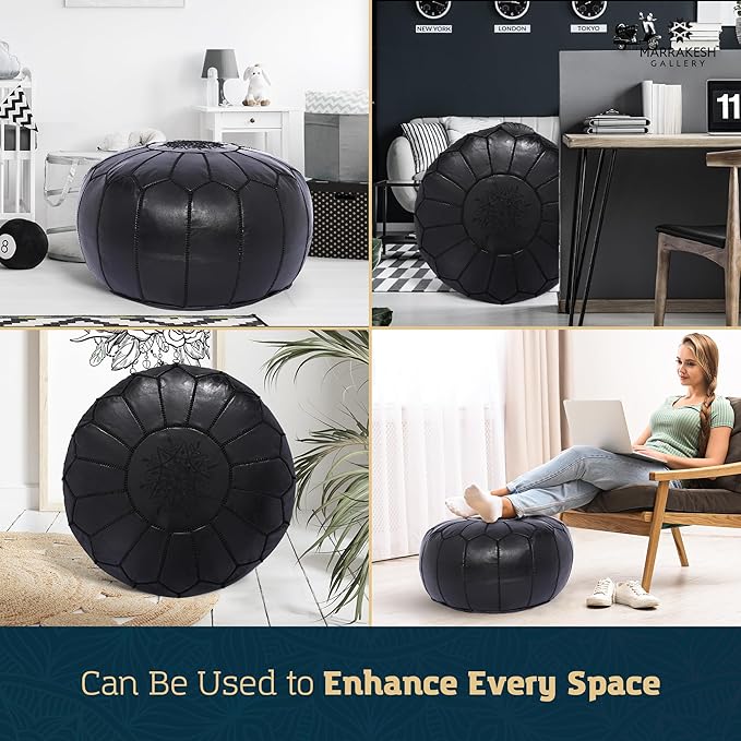 Marrakesh Gallery Genuine Leather Round Pouf Unstuffed - Moroccan Ottoman Footstool, Footrest Cover - Boho Decor - Bohemian Living Room, Bedroom, Kids Room, Gift & Wedding