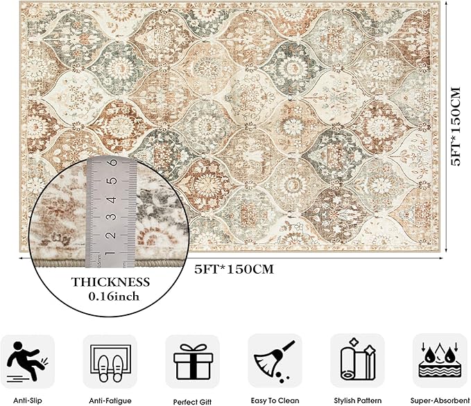 Lahome Moroccan Trellis Small Area Rug, 3x5 Washable Rug for Bedroom Living Room, Non-Slip Oriental Accent Throw Carpet for Kitchen Office Entryway Bathroom Office, Khaki