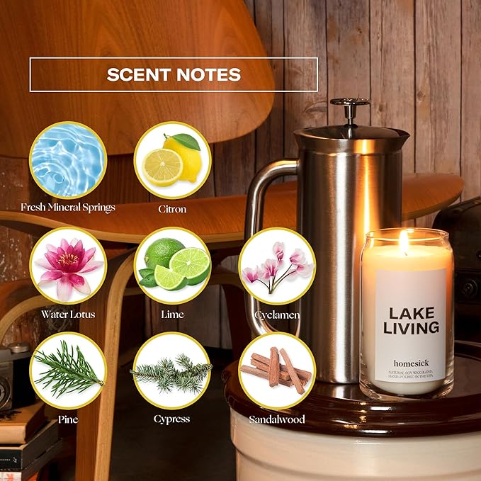 Homesick Scented Candles for Home (Lake Living) - 13.75 oz Long-Lasting Soy Wax Blend Jar Candle Gifts for Women & Men, 60-80 Hours Burn Time - Notes of Fresh Mineral Springs, Water Lotus & Pine