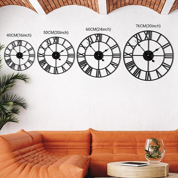 30inch/76cm Extra Large Wall Clock for Bedroom Living Room Battery Operated Big Metal Decorative Analog Silent Giant Non Ticking Clocks Room Wall Decor (Iron Roman Numerals, 30 inches)