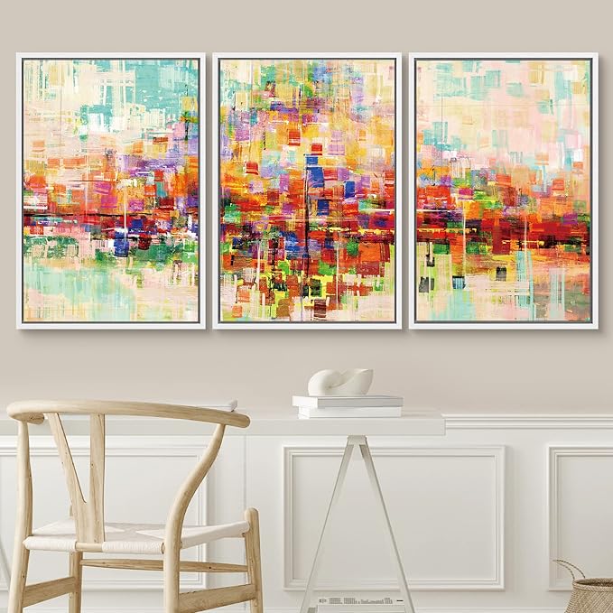 SIGNWIN Framed Canvas Wall Art Bright neon Color Buildings Block with Reflection Places Cityscape Oil Painting Abstract Modern Panoramic Colorful for Living Room, Bedroom, Office - 16"x24"x3 White