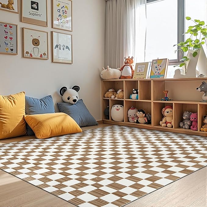 jinchan 4x6 Brown Checkered Area Rugs for Kids Room - Machine Washable Rug Modern Neutral Geometric Lattice Soft Non-Slip Carpet for Nursery Playroom Bedroom Entryway Living Room Home Office