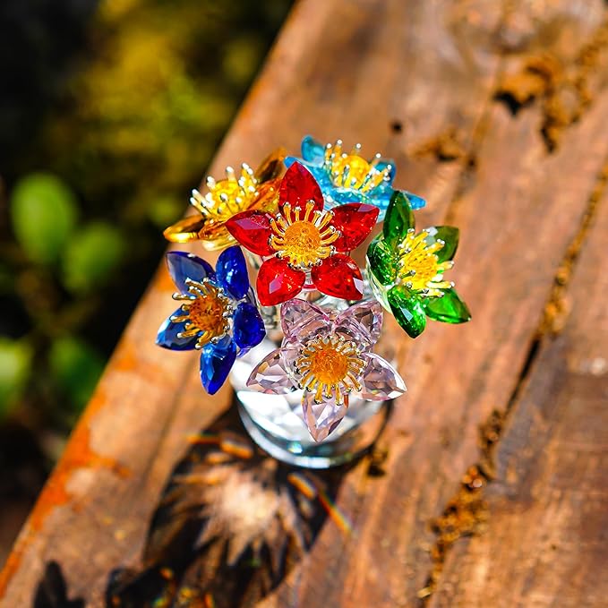 Colorful Crystal Flower Figurine with Base Multicolor Floral Home Decor Christmas Tabletop Centerpiece