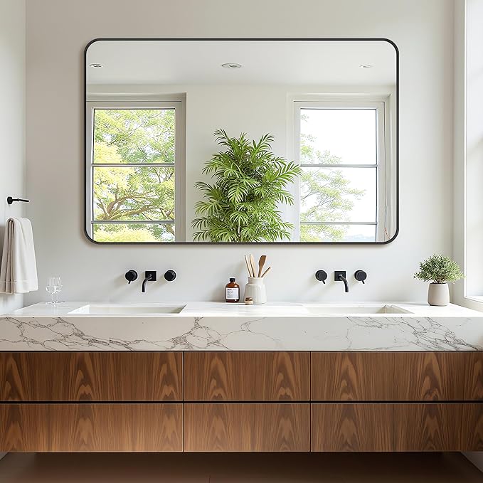 Bathroom Mirror 55" x 36", Large Rectangle Wall Mirror, Black Metal Frame Wall Mounted Mirrors for Bathroom, Vanity, Bedroom, Entryway Decor(Horizontal/Vertical)