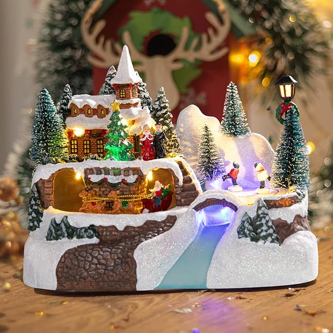 Vigdur Christmas Village Houses - Animated Christmas Village with Colorful Lights & 8 Xmas Music Battery Powered Xmas Collectible Buildings for Home Tabletop Gift
