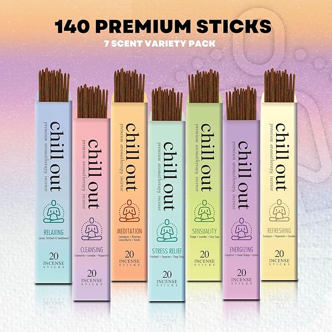 Mecka Chill Out Aromatherapy Incense Sticks Gift Set | Set of 7 Unique Scents- 140 Insence-Sticks for Yoga, Relaxation, Meditation & Positivity | Premium Organic and Slow Burning Insenses
