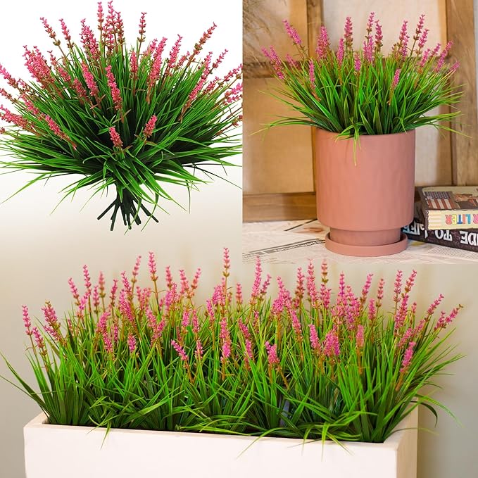 alyptus 12 Bundles Artificial Plants Outdoor Fake Monkey Grass with Flowers for Pot Garden Verandah Decor (Pink Flowers)
