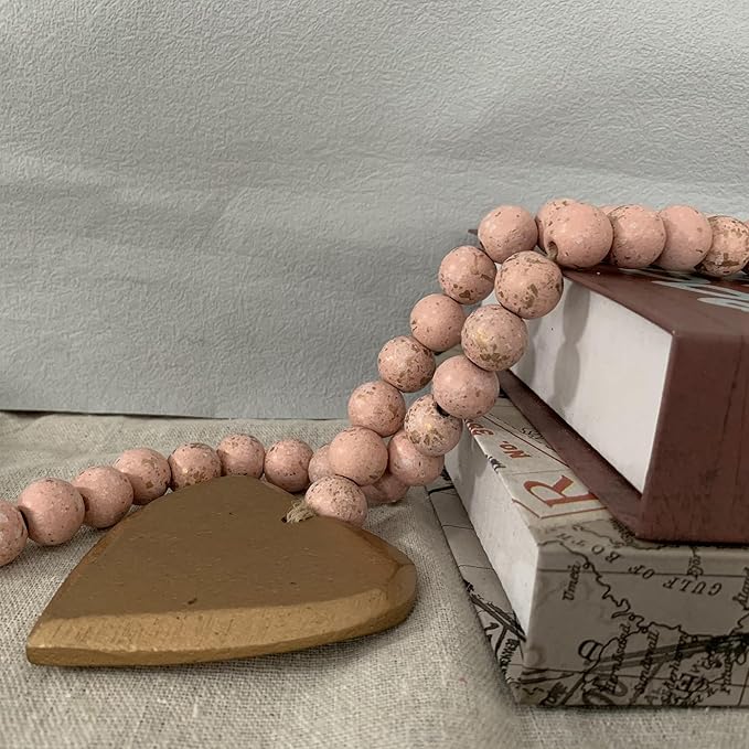 Fenisam 40" Handmade Farmhouse Bead Garland Wood with Tassel, Boho Chic Decorative String Beads Home Décor, Table Tiered Tray Country Wooden Accents (Rose Dawn Gold, Small)