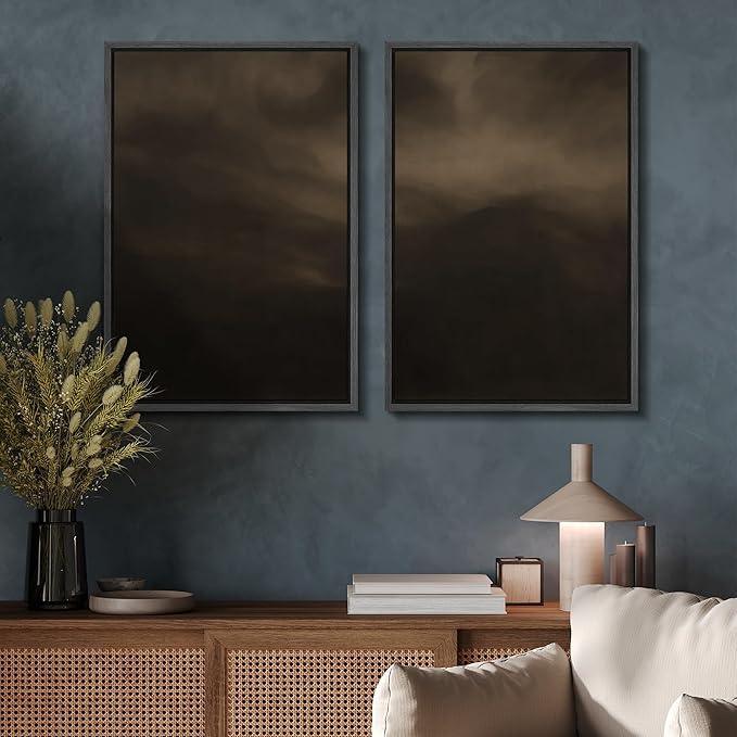 SIGNFORD Framed Canvas Print Wall Art Set Moody Misty Landscape Soft Brown and Gray Hues Illustration Modern Art Decorative Nordic Nature for Living Room, Bedroom, Office - 24"x36"x2 Black