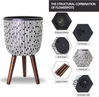 2 Set Plant Pot with Stand 10 & 12 inches, Mid-Century Large Planter with Legs for Indoor Plants, Boho Print Standing Plant Pot with Drainage Plug for Monstera, Herb, Succulent Flower Pot