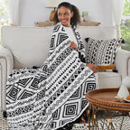 CASAAGUSTO Boho Throw Blanket - Black and White Decorative Blankets with Tassel, Printed Flannel Bohemian Blanket for Chair, Bed, Sofa, Couch(60 * 80, Black and White)