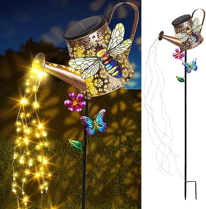 Solar Lights Outdoor Decorative, 39.4'' Metal Solar Watering Can Lights with Bee, Waterproof Garden Stake for Yard Lawn Patio Pathway Landscape, Gardening Gifts for Mom Grandma Women