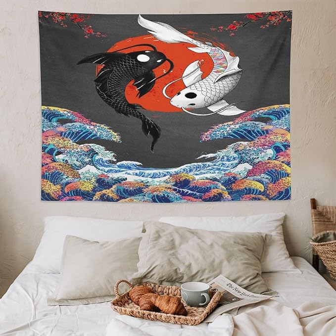 Houselerax Japanese Koi Fish Tapestries, Yin Yang Big Wave Cherry Blossom Tapestry Wall Hanging for Bedroom Living Room Office Decor 80"x60"