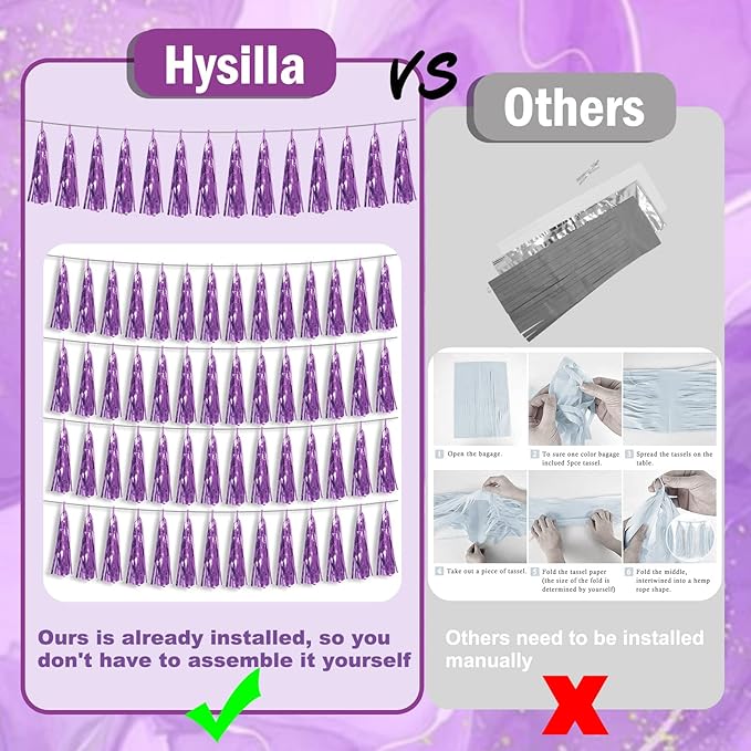 3P Light Purple Foil Fringe Metallic Tassel Streamers Banner Tassel Garland for Parade Floats, Bachelorette, Wedding, Birthday, Halloween, Christmas, Bridal/Baby Shower Party Decorations