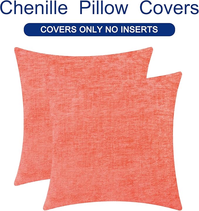 CaliTime Throw Pillow Covers Decorative 18 X 18 Inches Pack of 2 Cozy Chenille Cushion Cases for Couch Sofa Bed Living Room Home Living Coral