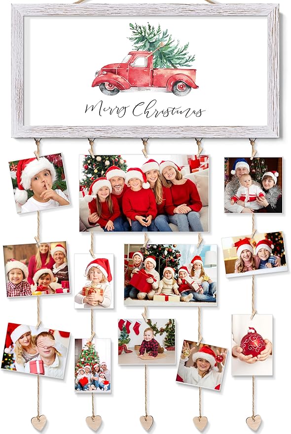 Christmas Card Holder Display Wall Hanging Collage Picture Frames Interchangeable Holiday Decor Clips Photo Holders Merry Christmas Sign Wooden Photo Holder for Gift Card Holder Xmas Party Decor