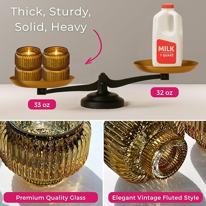 Kate Aspen Taper Candle Holders for Candlesticks, Ribbed Glass Gold Candle Holders Set of 4, Retro Candlestick Stand Decor, Votive Candle Holder Decor Accents for Holiday & Home Decoration Styling