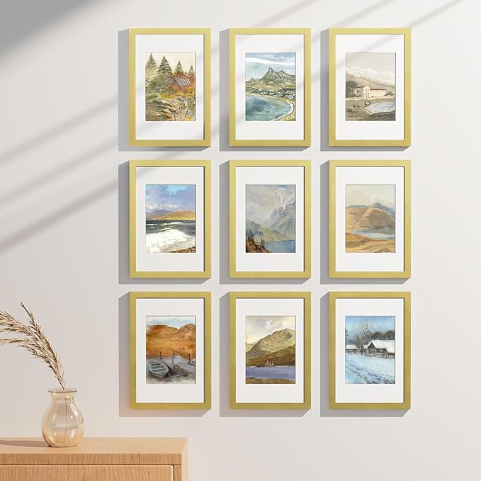 Vittanly 8x12 Picture Frames Set of 9, Shatter Resistant Plexiglass, Display 6x8 Pictures with Mat or 8x12 without Mat, Photo Frames for Wall or Tabletop, Engineered Wood, Gold