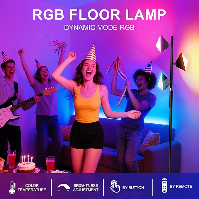 PARTPHONER RGB Tree Floor Lamp for Living Room, Stepless Dimmable Tall Standing Lamp with Remote, Touch Control and 3 Rotatable Light, Bright LED Lights for Bedroom with 4 Color-Changing, Black