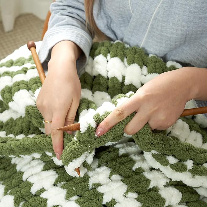 Amélie Home Chunky Knit Throw Blanket for Couch, Soft Chenille Crochet Blanket for Sofa, 50"x60", Sage Green & White Striped