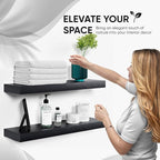 Homeforia Black Floating Shelves 24 inch, High End Solid Real Wood 24inch Bathroom Floating Shelf for Wall Mounted, Black Wooden 24in Floating Shelves, Heavy Duty Bracket, 24 X 6.5 X 1.75 in, Set of 2