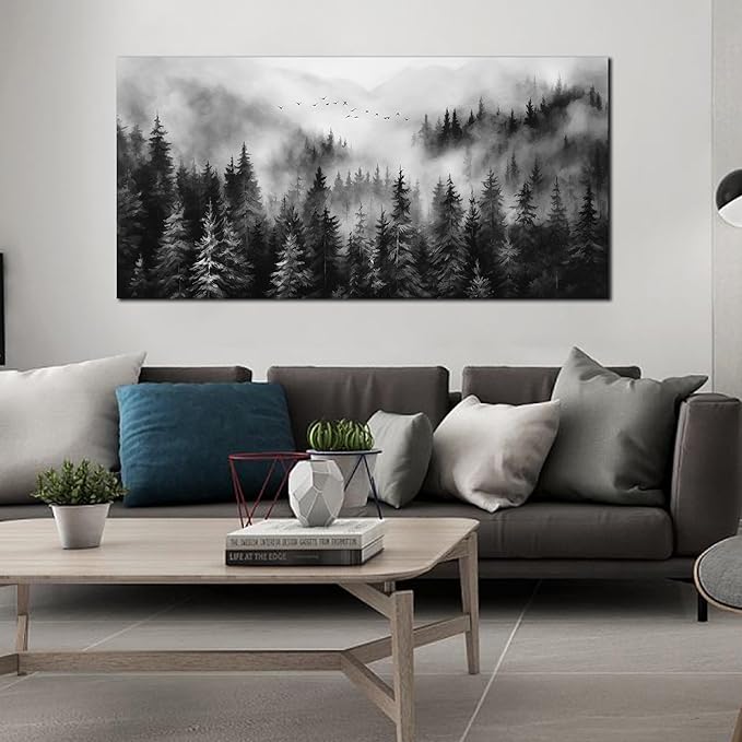 Large Pictures for Living Room Foggy Forest Canvas Wall Art for Bedroom Black Home Office Wall Decor 29 x 59 Inch