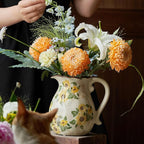 Levvohd Vintage Vase with Handle, 7.6 Inch Ceramic Pitcher Sunflower Floral Vase, Rustic Farmhouse Vases for Grandma Core Home Decor, Bookshelf Office Tuscan Decor (Large)