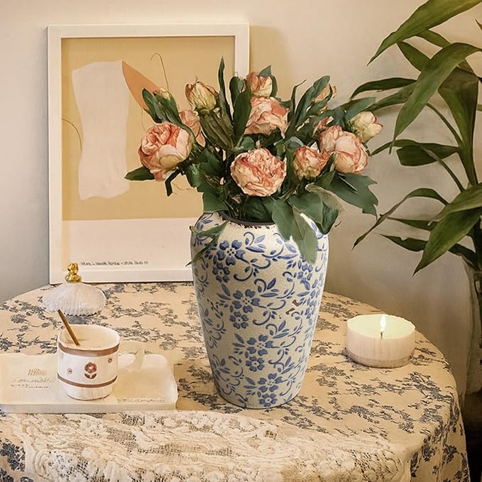 BEAHOT 8.6 Inch Chinoiserie Ceramic Vase – Blue and White Tall Vintage Flower Vase, Large Retro Chinoiserie Cracked Porcelain Decor for Living Room Centerpieces, Bookshelf, Grand Millennial Decor